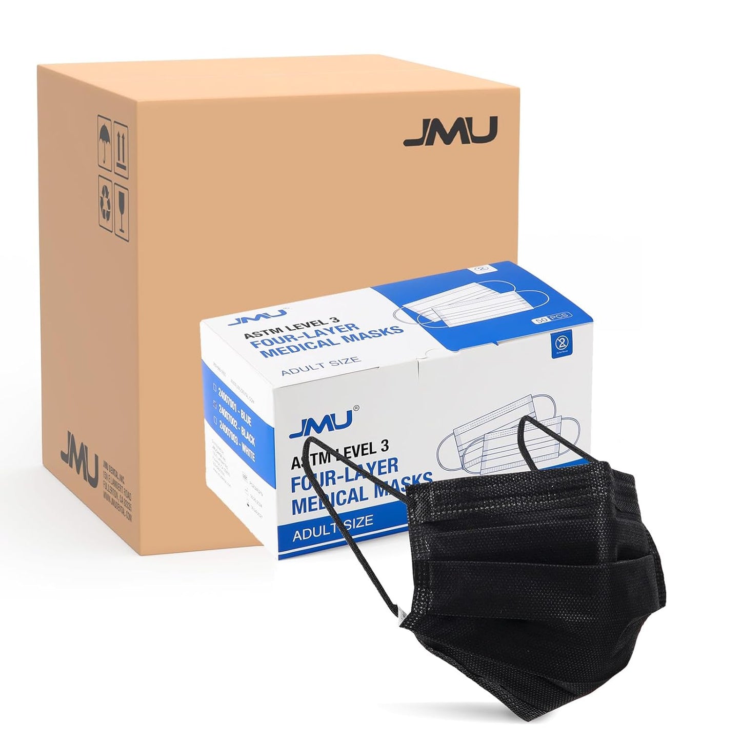 JMU 500 Pcs Black Disposable Face Masks, 4-Ply Protection ASTM Level 3 Medical Masks for Adults, 10 Box