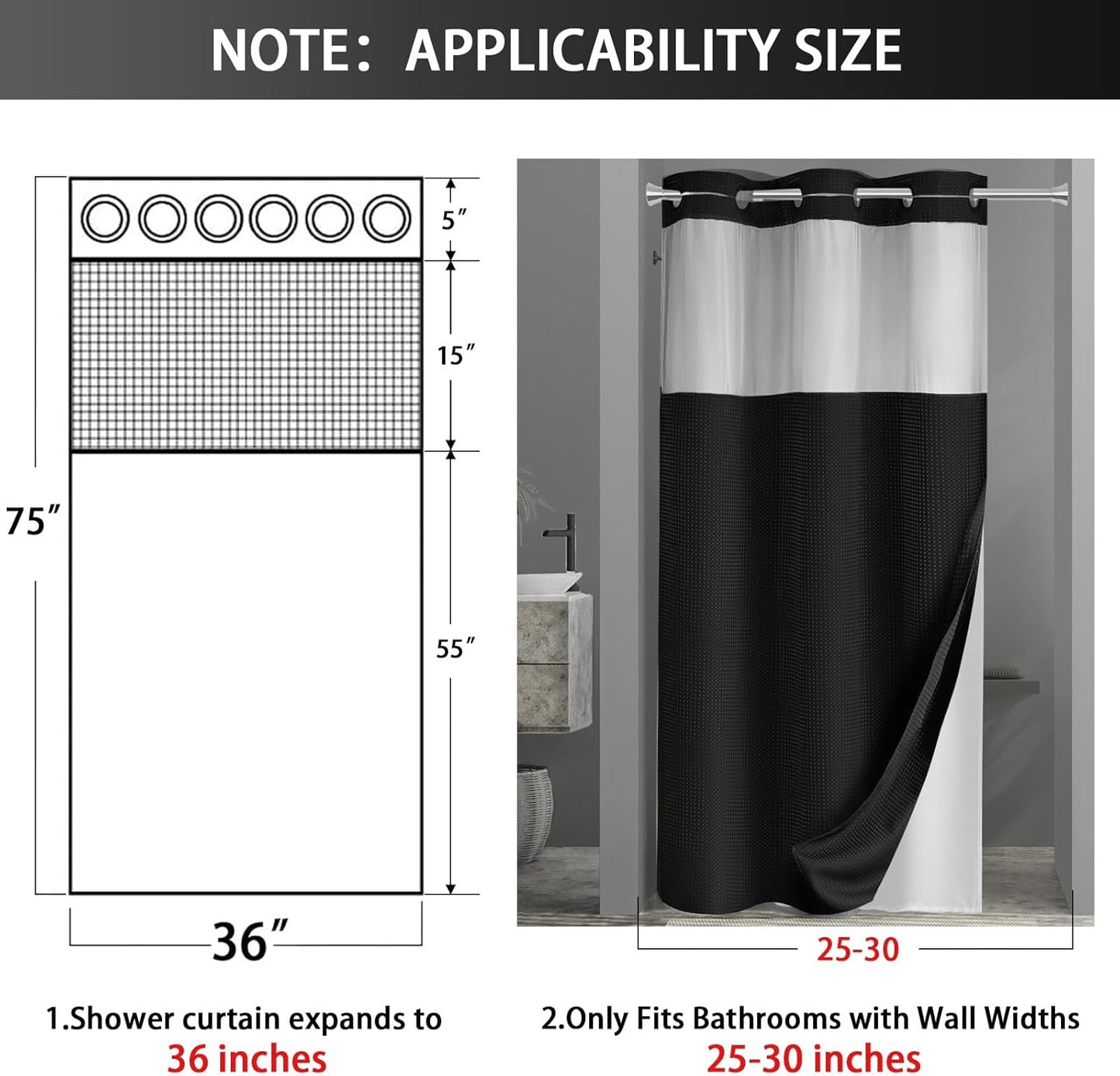 YellyHommy Stall No Hook Shower Curtain with Snap in Liner Set Less Time Black Waffle Shower Curtain for Bathroom 75" L x 36" W