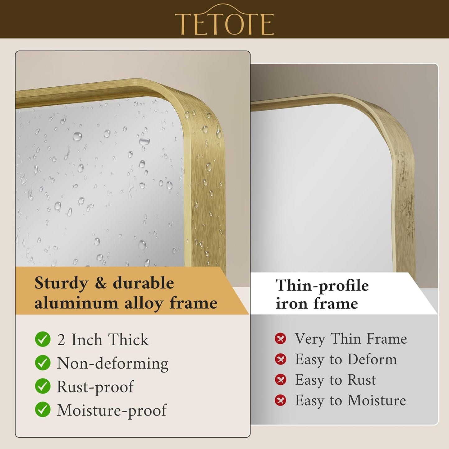 TETOTE 60 x 36 Inch Mirrors for Bathroom, Brushed Brass Gold Vanity Mirror, Large Rectangular Metal Frame Modern Wall Mirror for Living Room Shatterproof (Horizontal/Vertical)