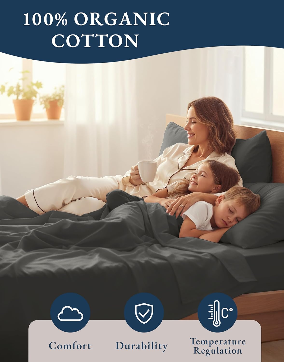 LANE LINEN 100% Organic Cotton California King Sheets Set, Fully Elasticized Reinforsed Seams in Fitted Pocket, Machine Washable All Season Cal King Sheet Deep Pocket Bedding-Charcoal