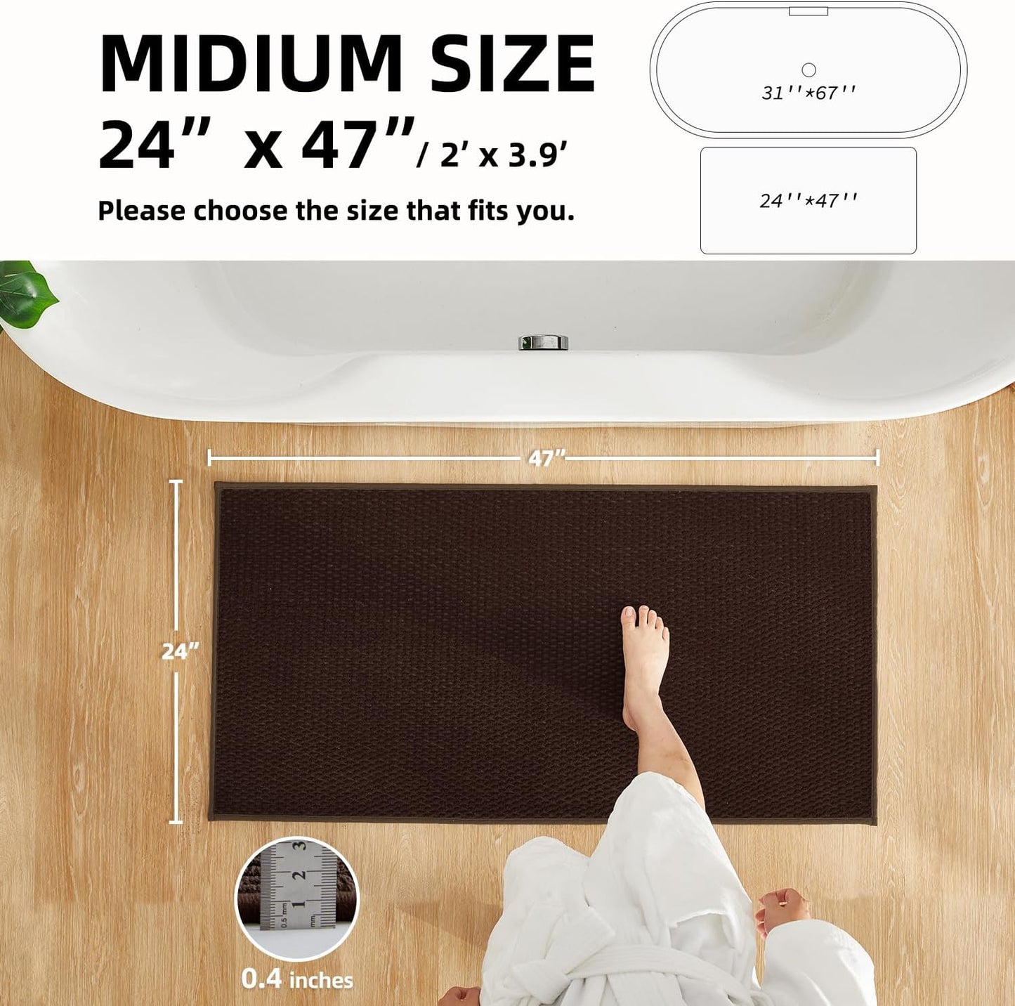 Bathroom Rugs Non Slip Washable, Super Absorbent Thin Bath Mat Quick Dry Low Pile Bathroom Rug, Brown 24"x47"