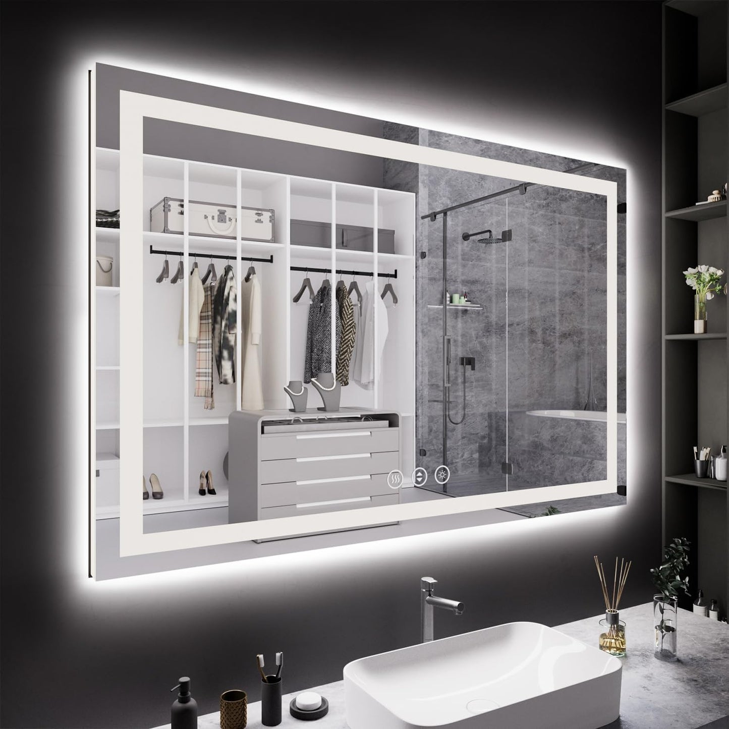 60X40 LED Bathroom Mirror with Lights, Anti-Fog, Backlit + Front Lit, Lighted Bathroom Vanity Mirror for Wall, Memory Function, Dimmable, Tempered Glass, Shatter-Proof, ETL Listed