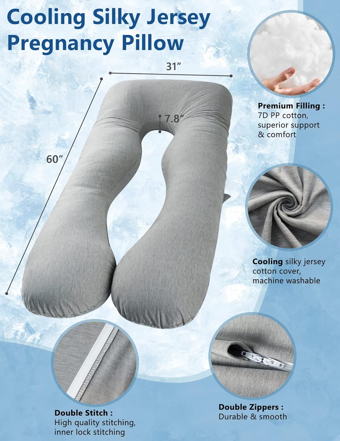 Meiz Pregnancy Pillows, Cooling Silky Pregnancy Pillows for Sleeping, 60" Full Body Maternity Pillow for Tall Pregnant Woman with Cooling Silk Jersey Cover, Grey