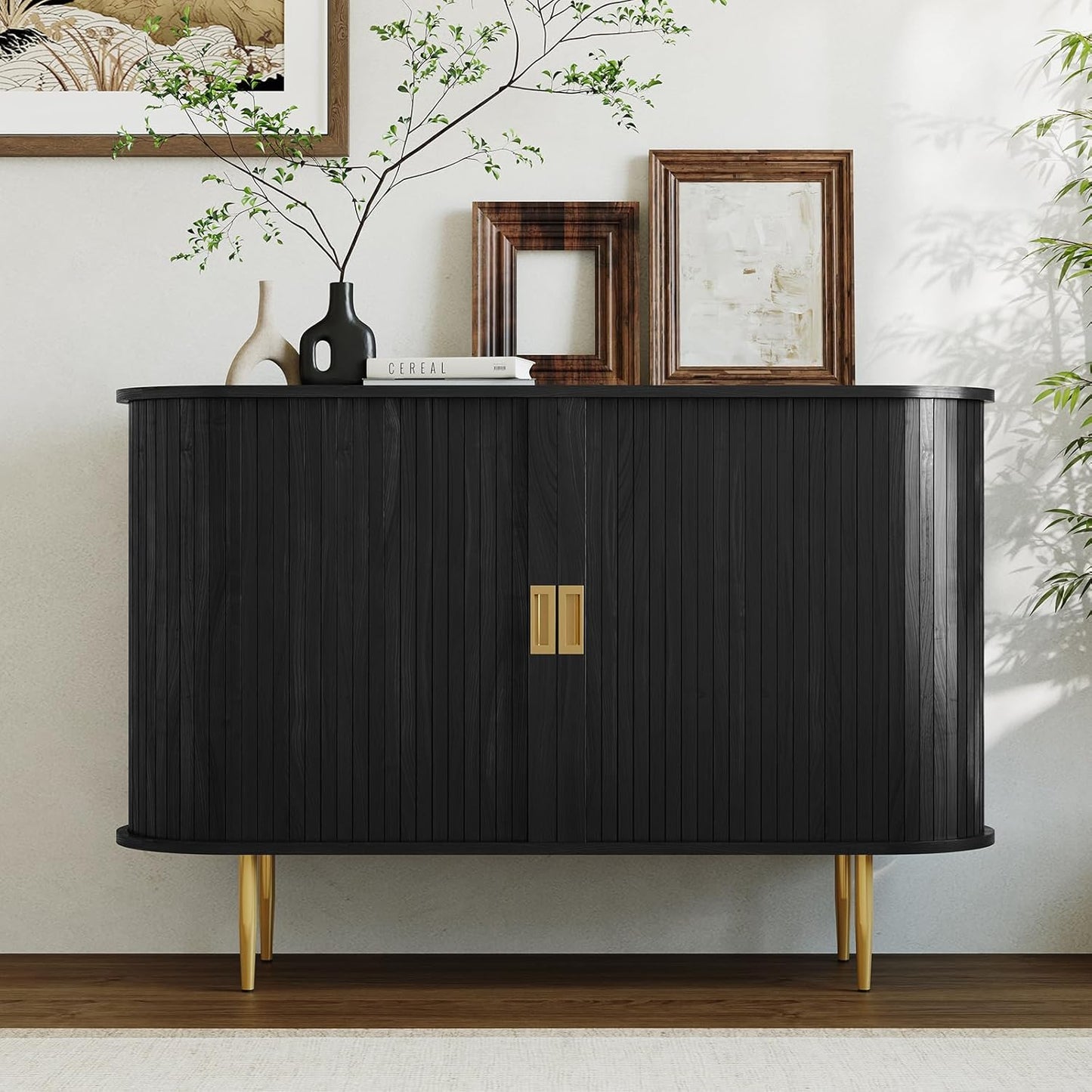 ARTPOWER 47.2" Sideboard Buffet Cabinet with Tambour Door, 6 Heights Adjustable Shelves, Accent Console Cabinet with Storage, Modern Credenza for Living Room, Dining Room, Entryway, Black