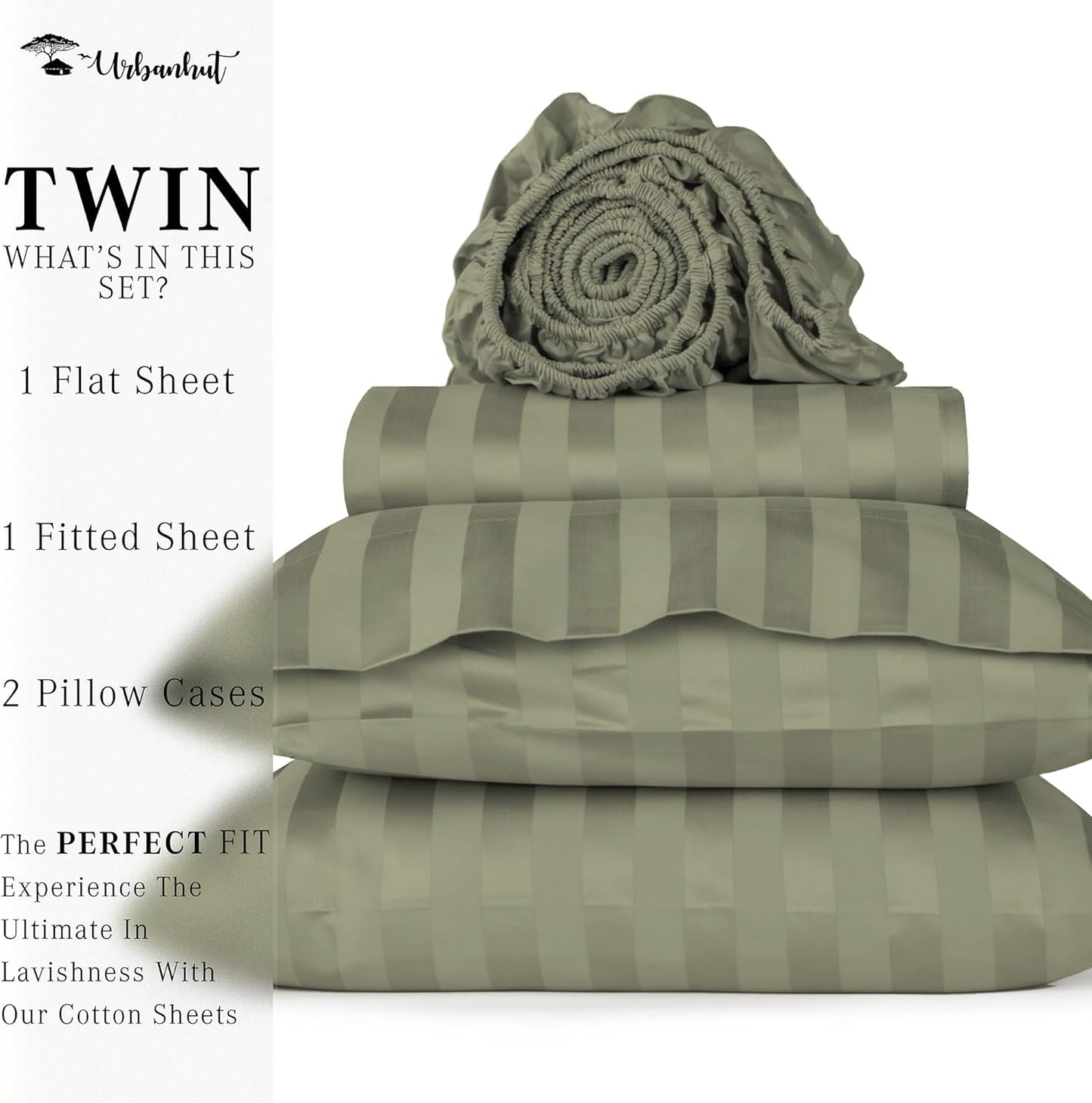 URBANHUT 1000 Thread Count Damask Striped Twin Size Egyptian Cotton Sheets, Long Staple Soft & Breathable, 4 Pc Bed Sheet Sets, Luxury Hotel Sateen Sheets Fits 16" Deep Pocket - Sage