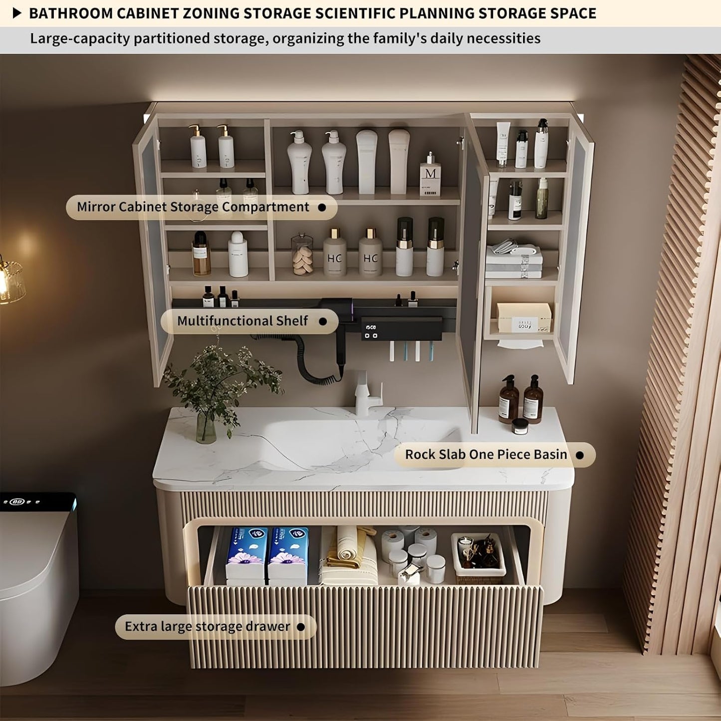 36” Bathroom Vanity Set, Floating Bathroom Vanities with Single Sink, Smart Defog Mirror Cabinet and LED Strip Light, Oak Wood Elegant Bathroom Cabinet with Storage Space (Milk Coffee)