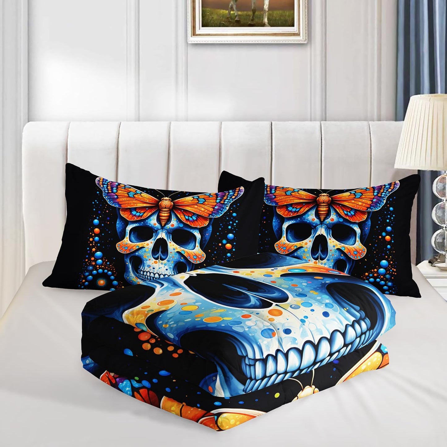 Gothic Skull Comforter Set Queen Size,Blue Orange Granular Ball Butterfly Printed Bedding Comforter Sets,Halloween Horror Themed Comforter Set for Kids,Gothic Bedding Sets with 2 Pillowcases.