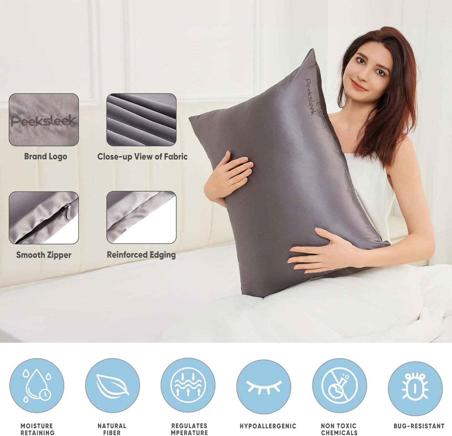 100% Mulberry Silk Pillowcases with Zipper– Luxurious, Anti-Aging Pillow Covers, 22 Momme 6A Grade Silk Pillow Cases 2 Pack for Hair and Skin Care (Dark Grey, Queen (U.S. Standard))