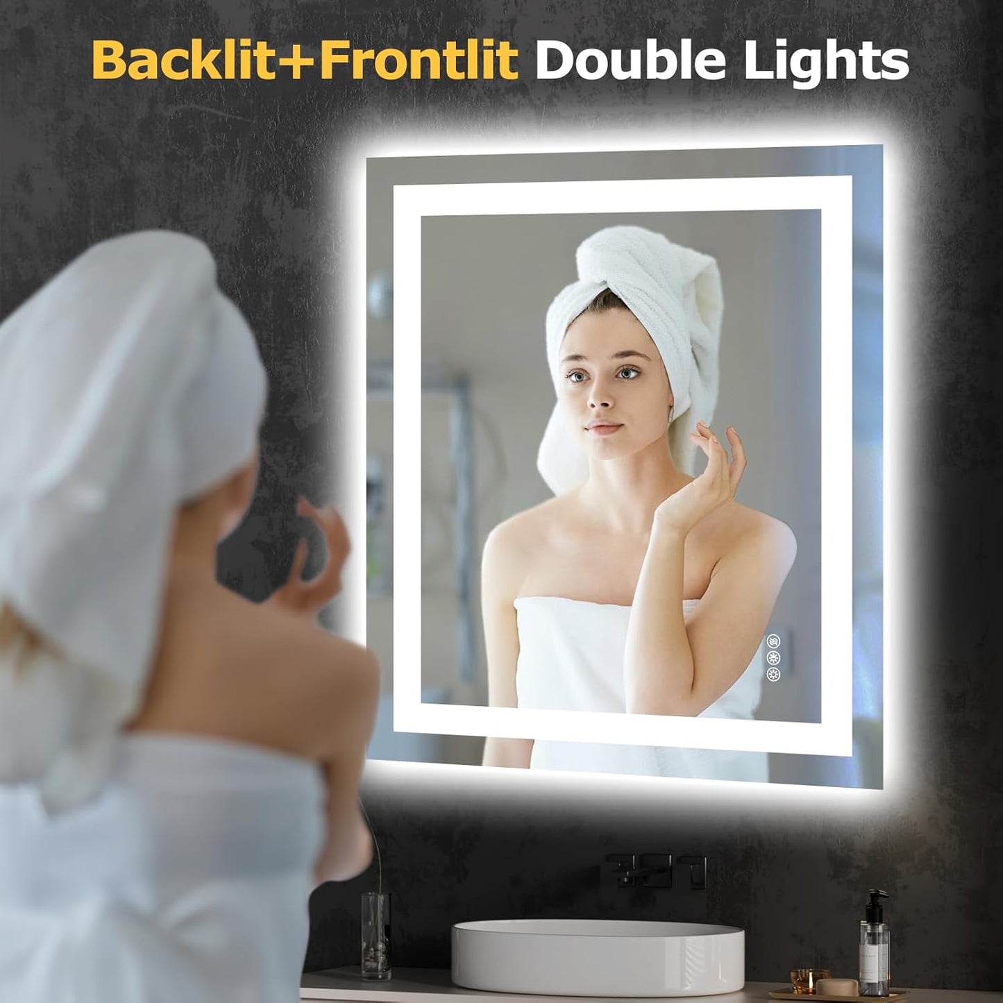 LED Bathroom Mirror with Lights 28x32 Wall Vanity LED Mirror Stepless Dimmable,Double Front and Backlight,Anti-Fog,Memory Smart Mirror for Bathroom