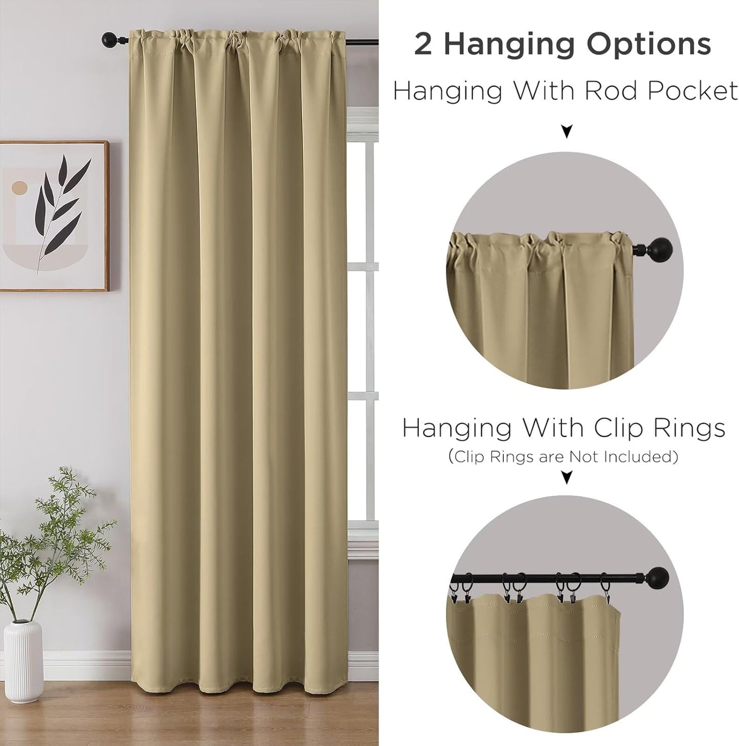 CUCRAF Beige Blackout Curtains 72 inch Length 2 Panels Set, Rod Pocket Room Darkening Drapes for Bedroom Living Room, Insulated Thermal Light Blocking Window Curtain (W52 x L72 Inch)