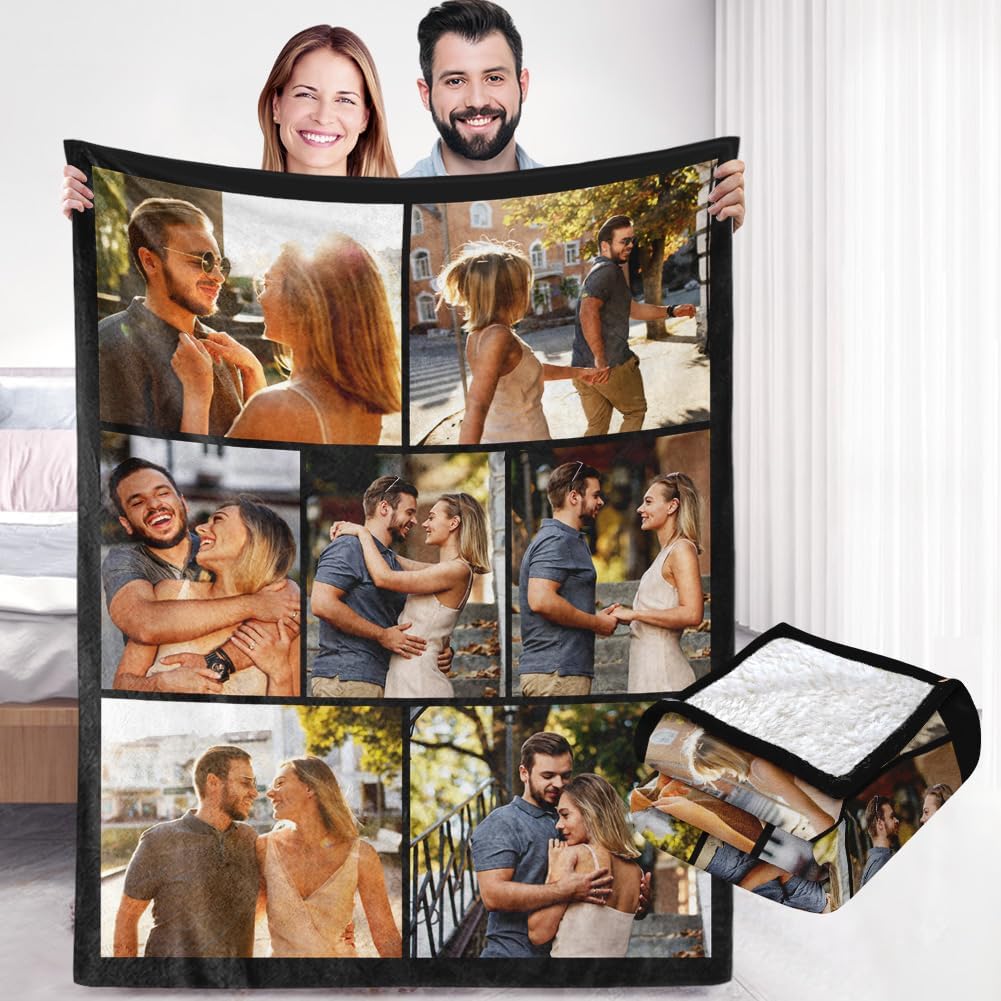 Custom Sherpa Fleece Blanket with Photos and Text - Soft Warm Fuzzy Personalized Couples Gift for Boyfriend Girlfriend - Customized Picture Gifts for Birthday Anniversary Christmas