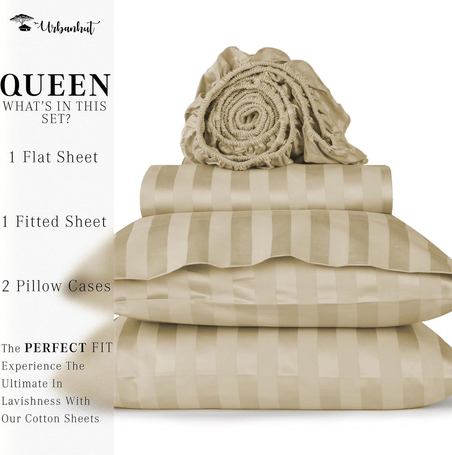 URBANHUT 1000 Thread Count Damask Striped Queen Size Egyptian Cotton Sheets, Long Staple Soft & Breathable, 4 Pc Bed Sheet Sets, Luxury Hotel Sateen Sheets Fits 16" Deep Pocket - Sand