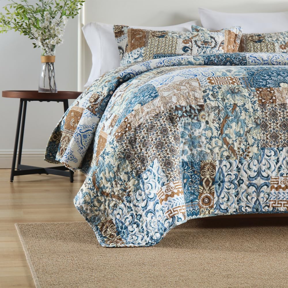 ENASAL Cotton Bedspread Quilt Bedding Sets Reversible Coverlet Comforters Blue Bohemian Rustic Floral Patchwork Pattern Bedspread for All Season,Queen Size