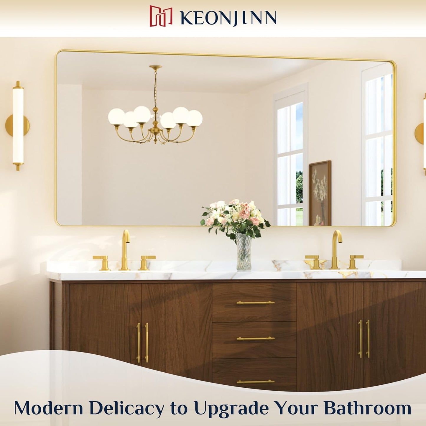 Keonjinn Brushed Gold Bathroom Mirror 72” x 36” Large Gold Bathroom Vanity Mirrors, Oversized Rounded Rectangle Mirror with Shatterproof HD Tempered Glass, Aluminum Alloy Frame(Horizontal/Vertical)