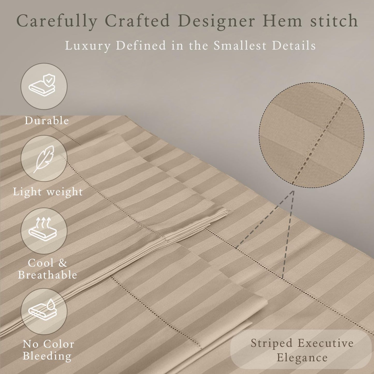 Threadmill 500 Thread Count Twin Size Damask Stripe, 3 Pc Luxury Cotton Bedding Set, Breathable Light Beige Sheets with 15" Elasticized Deep Pocket, 1 Pillowcase & Free Tote Bag