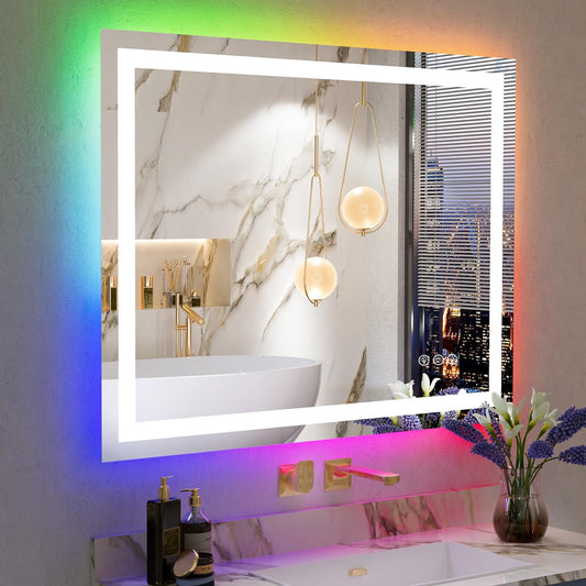 48x38 Inch RGB LED Bathroom Mirror Front Light and RGB Backlit Lighted Vanity Mirror for Bathroom Wall Mounted Dimmable Anti Fog Memory Shatter-Proof IP54 Waterproof Horizontal/Vertical