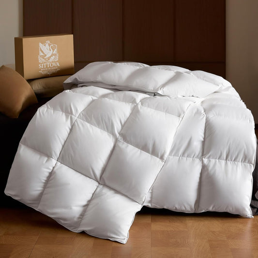 Goose Down Fiber Comforter King Size – All-Season Hotel Quality Duvet Insert, High Fill Power, Ultra Soft 100% Cotton, Box-Stitched, Breathable, Luxurious White Bedding, 90"x 106"