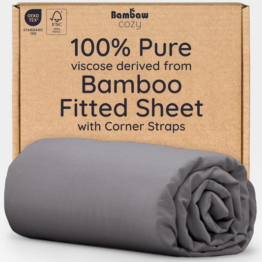 Bambaw 100% Viscose Derived from Bamboo Fitted Sheet Only, Soft Fitted Sheet Queen Size, Cooling Fitted Sheet with Straps, Deep Pocket Bottom Queen Fitted Sheet Only Fits Up to 16’’ (Dark Gray)