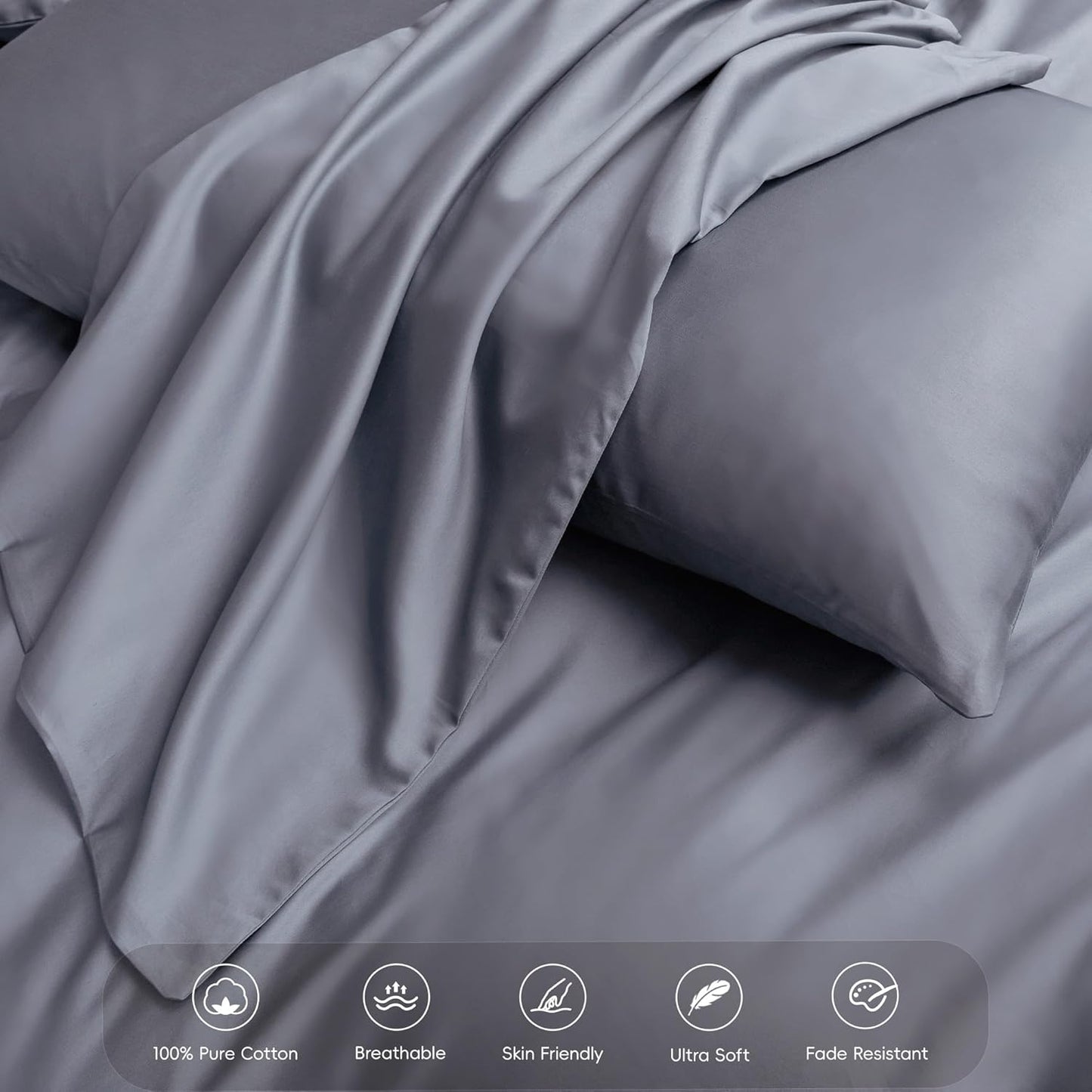 MooMee Duvet Cover Set 100% Extra Long Staple Cotton 600 Thread Count Silky Sateen Smooth Luxury Soft Breathable Durable Hotel Quality Bedding, 3 Pieces (Blueish Grey, King 104"x90")