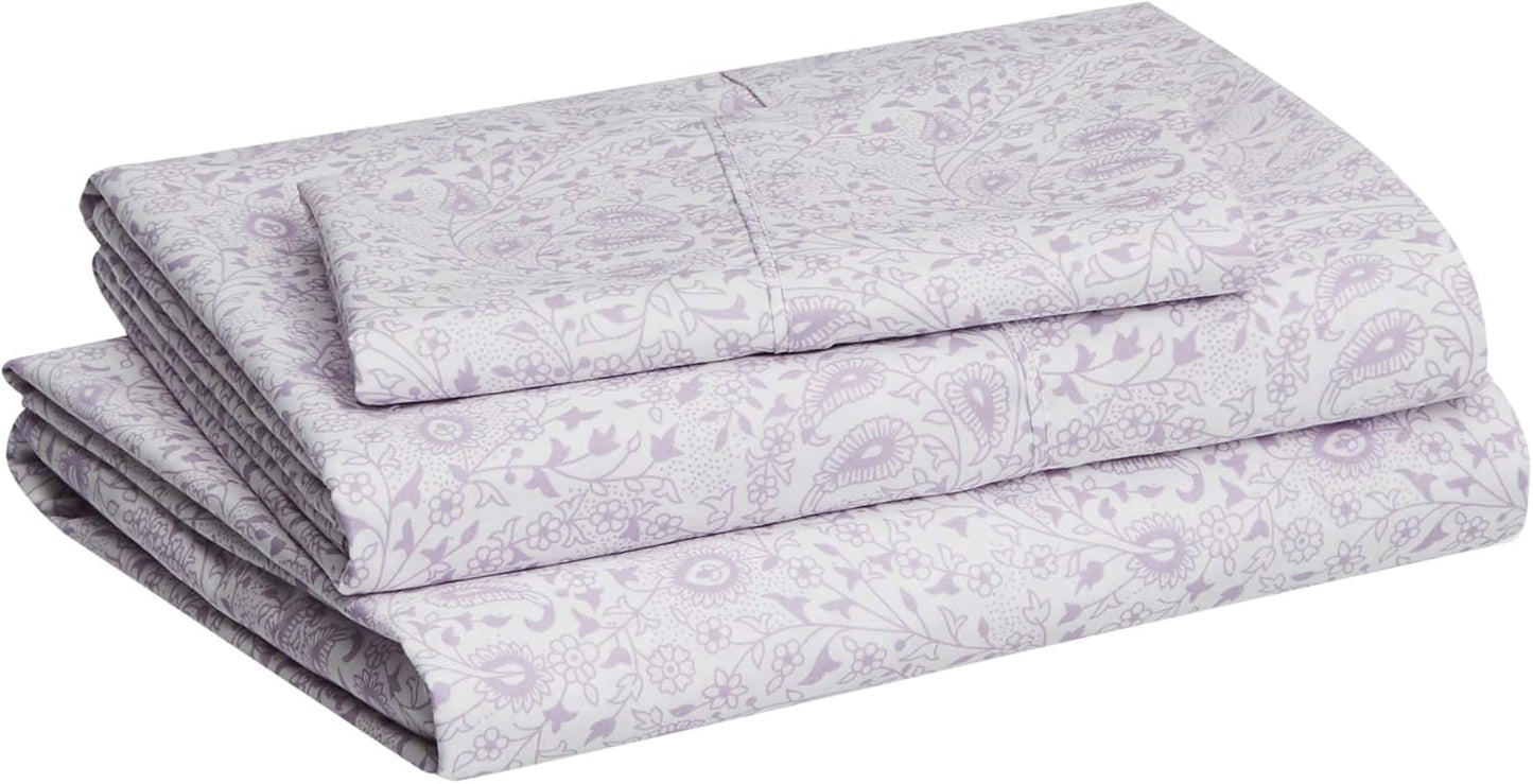 Amazon Basics Lightweight Super Soft Easy Care Wrinkle Free Microfiber 3 Piece Bed Sheet Set with 14-Inch Deep Pockets, Twin, Lavender Paisley, Floral, Kids, Men & Women Bedding