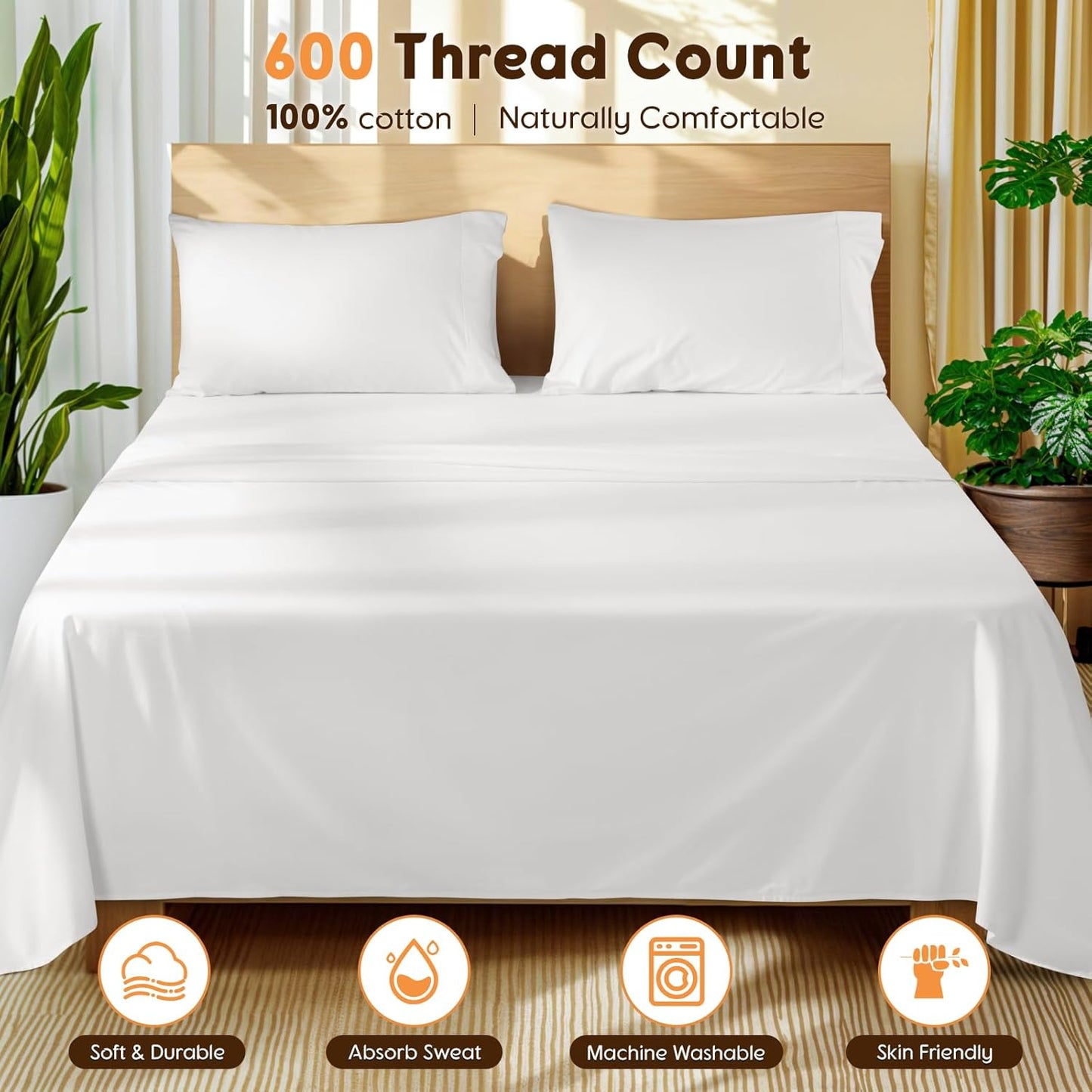 LBRO2M 100% Cotton Sheets Set Queen Size 600 Thread Count 4 Piece Sets Bed Sheet Deep Pocket Up to 16" Soft Comfortable All Season (Queen, White)