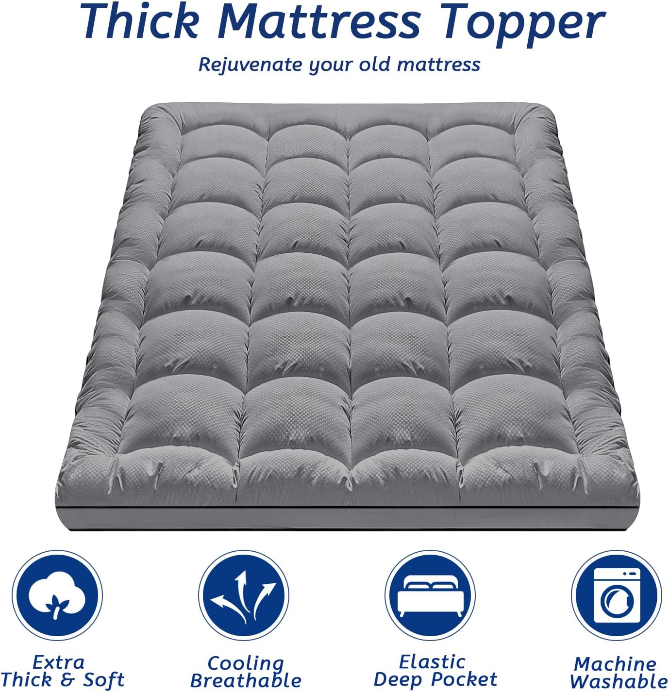 MATBEBY California King Mattress Topper, Extra Thick, Quilted Fitted, Breathable, Machine Washable, Deep Pocket, Dark Grey