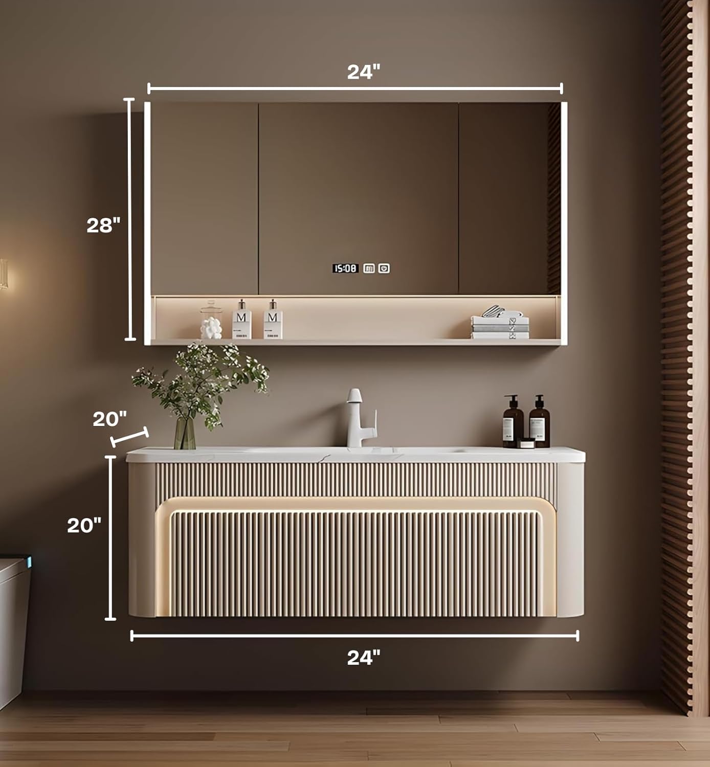 24” Bathroom Vanity Set, Floating Bathroom Vanities with Single Sink, Smart Defog Mirror Cabinet and LED Strip Light, Oak Wood Elegant Bathroom Cabinet with Storage Space (Milk Coffee)