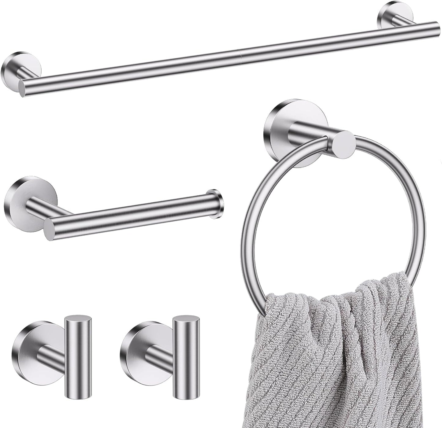 Lairuier 5 Pieces Brushed Nickel Bathroom Accessories Set, 23.6 Inch Bath Towel Bar Set, SUS304 Stainless Steel Bathroom Hardware Set Round Toilet Paper Holder Set Wall Mounted