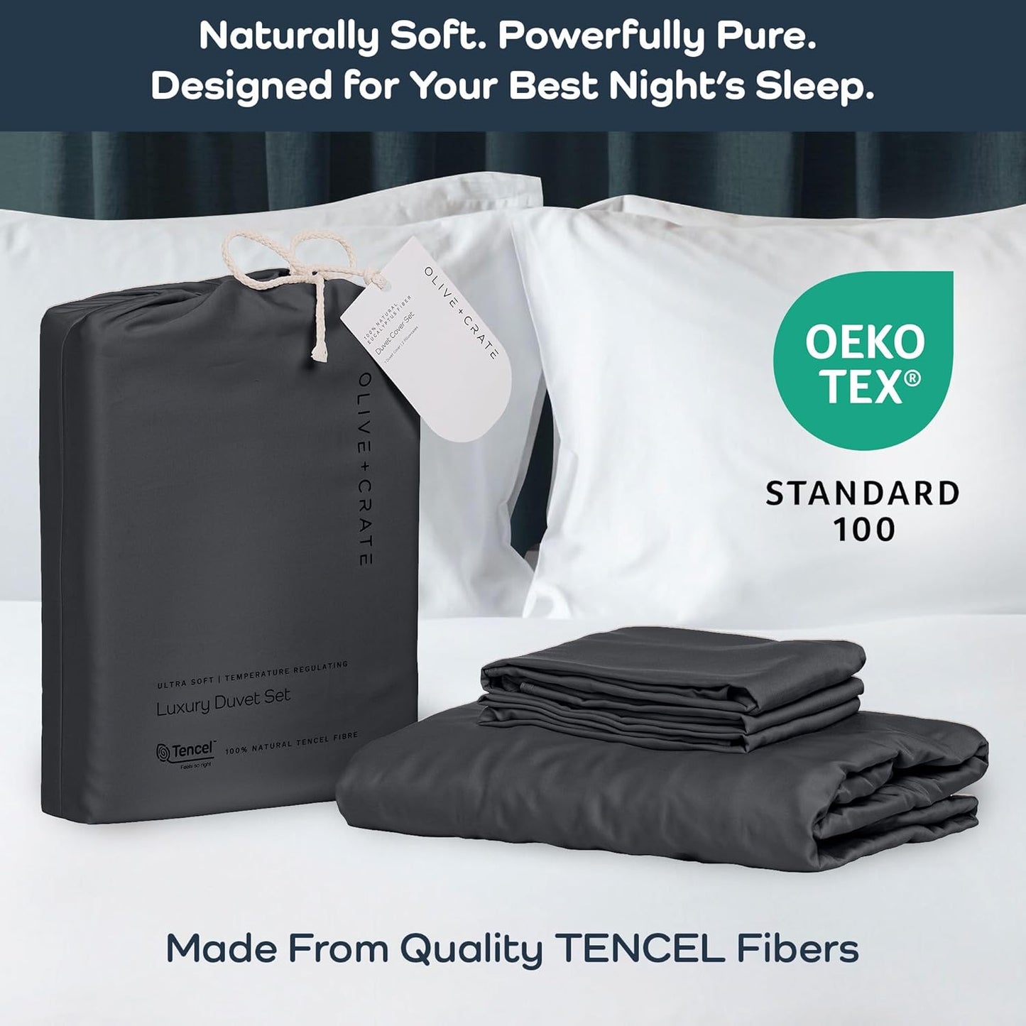Olive + Crate Tencel Eucalyptus Cooling Duvet Cover Set - Hypoallergenic, Lyocell Tencel Duvet Cover - Soft, Temperature Regulating with Hidden Button Closure & Corner Ties - Oversized King [Charcoal]