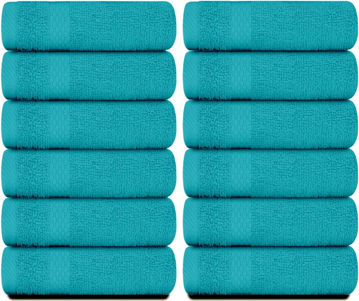 White Classic Luxury Cotton Washcloths 13x13 Inch - 650 GSM Turkish Cotton | Hotel, Spa, Bathroom Face Towel | 12 Pack, Aqua