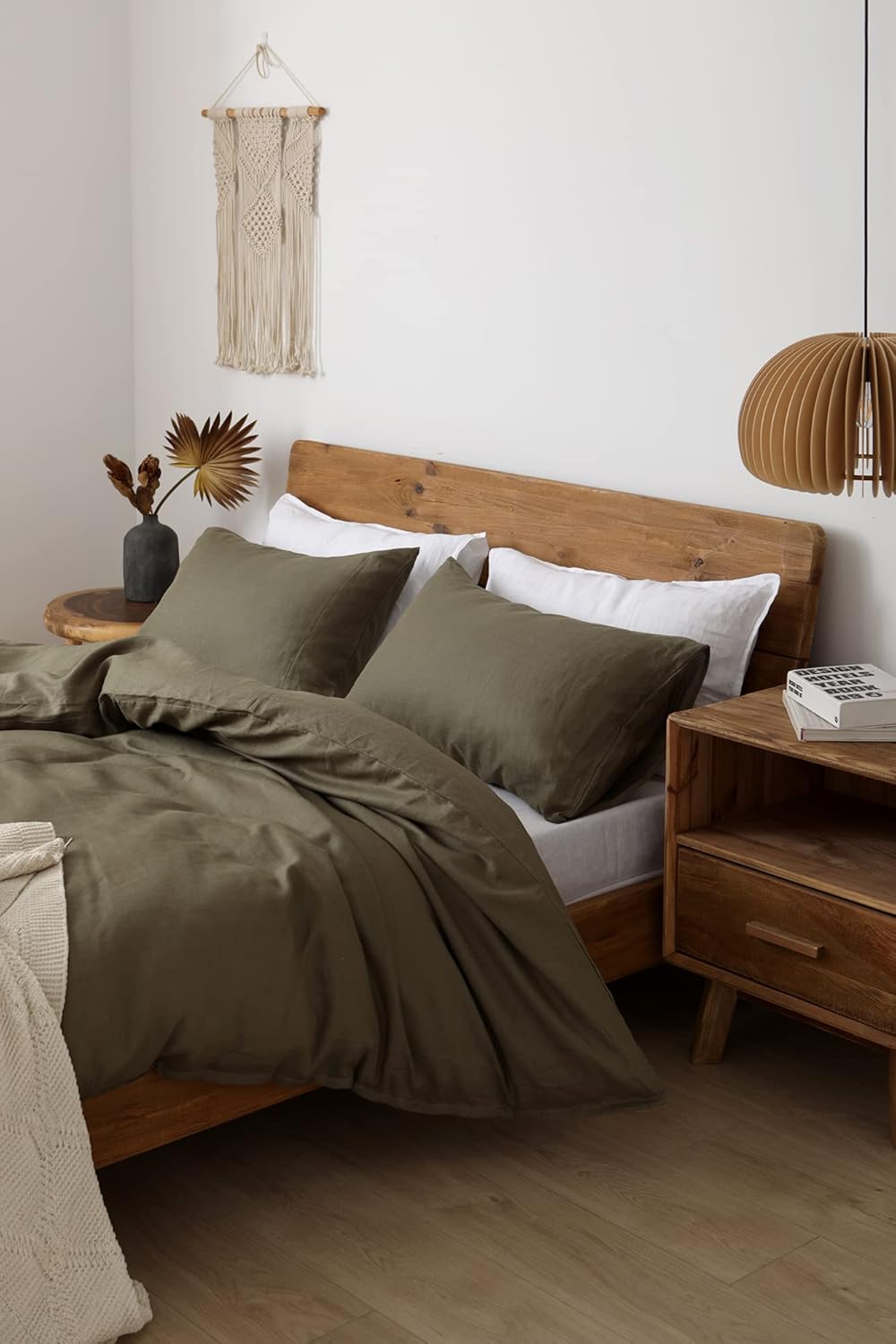 XZ XIFA Olive Green 100% Linen Queen Size Bedding Set, Cooling Duvet Cover with Natural Washed French Flax，Soft,Breathable,Textured,Fluffy Duvet Cover (1 Duvet Cover,2 Pillow Shams)