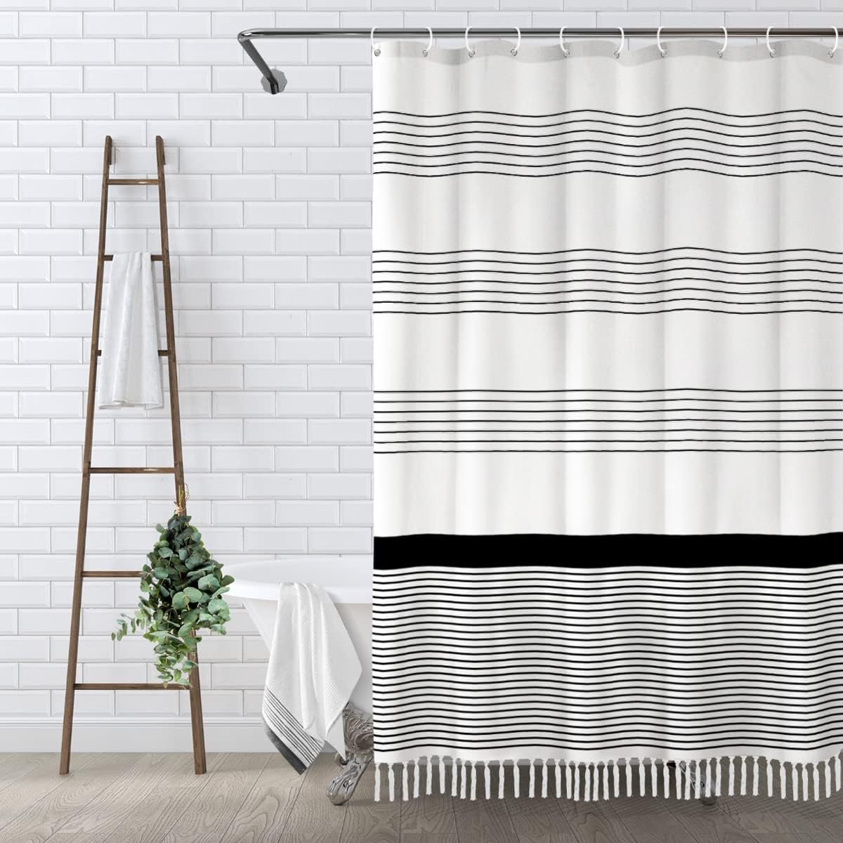 Awellife Black Boho Stripe Shower Curtain for Bathroom with Tassel 72 X 72 Farmhouse Cotton