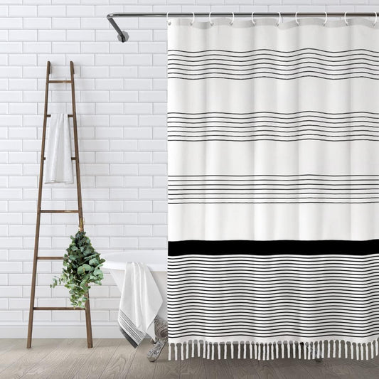 Awellife Black Boho Stripe Shower Curtain for Bathroom with Tassel 72 X 72 Farmhouse Cotton