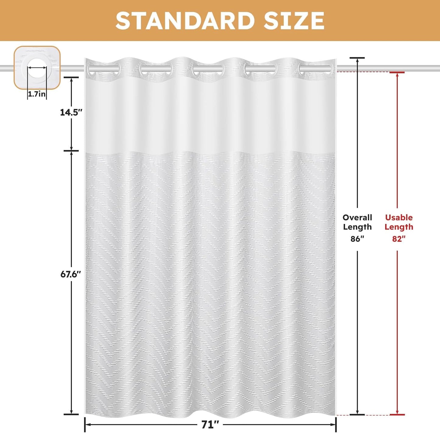 No Hook Shower Curtain and Snap in Liner Set White Tufted Chevron Striped Cloth Waterproof Washable Fabric Boho Farmhouse Bath Curtain See Through Mesh Top Window for Bathroom Hotel 71" x 86"