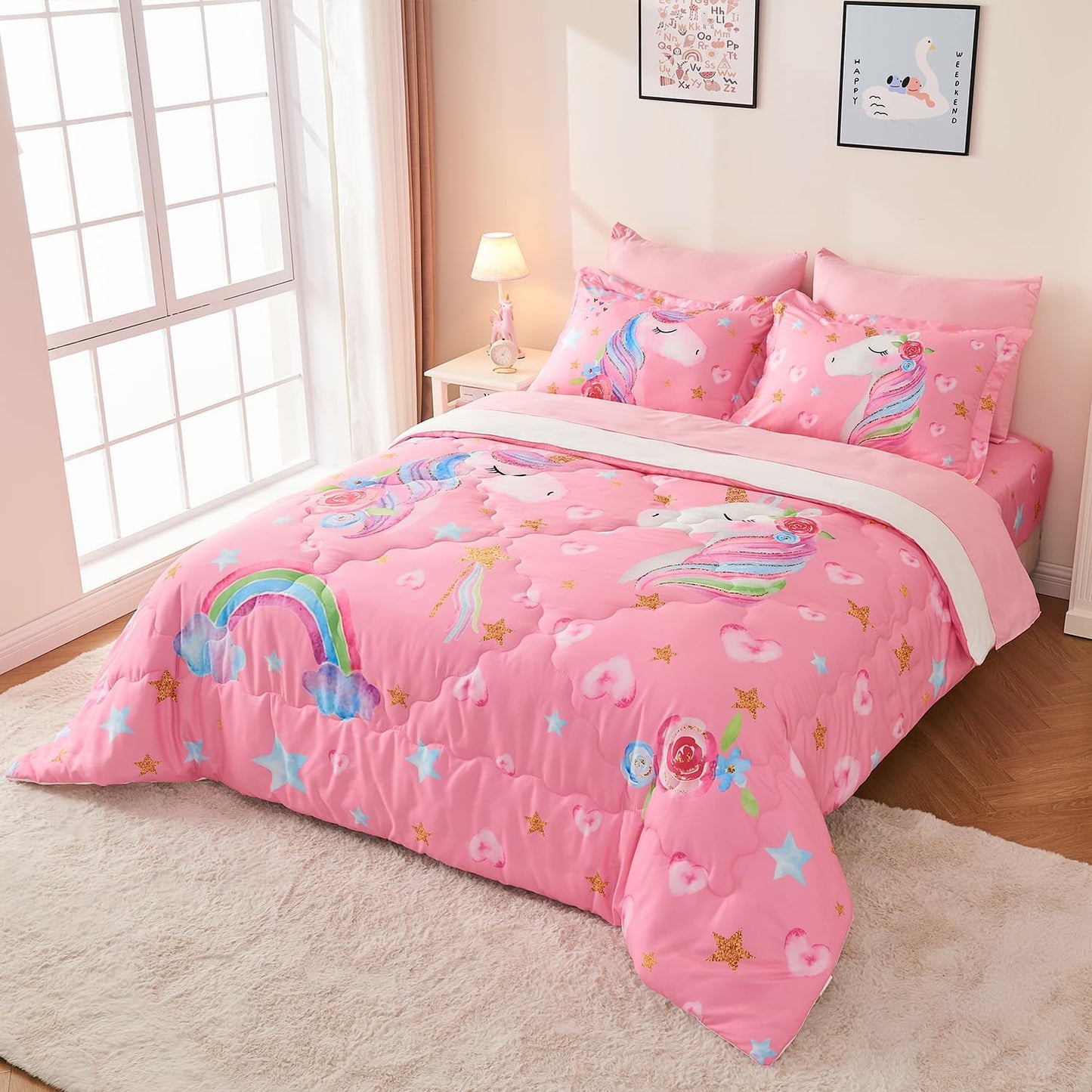Wajade Pink Unicorn Comforter Set for Girls 7 Piece Cute Cartoon Bedding Set for Kids Queen Size as Birthday Gift with Comforter, Sheet Set, Pillowcase and Sham