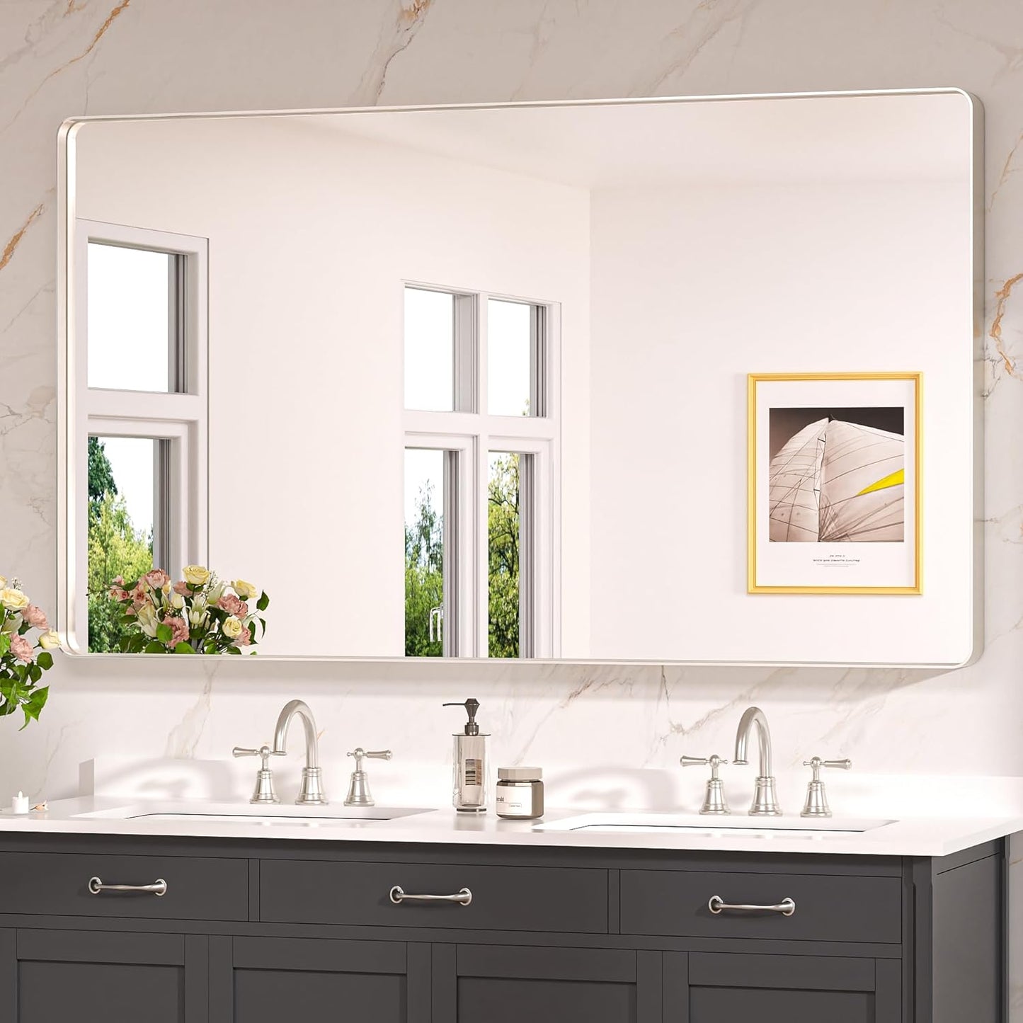 Keonjinn Brushed Nickel Mirror 60 x 36 Inch Large Silver Bathroom Mirror for Over Sink, Rounded Rectangle Farmhouse Vanity Mirror with Metal Frame, HD Tempered Glass Wall Mirror(Horizontal/Vertical)
