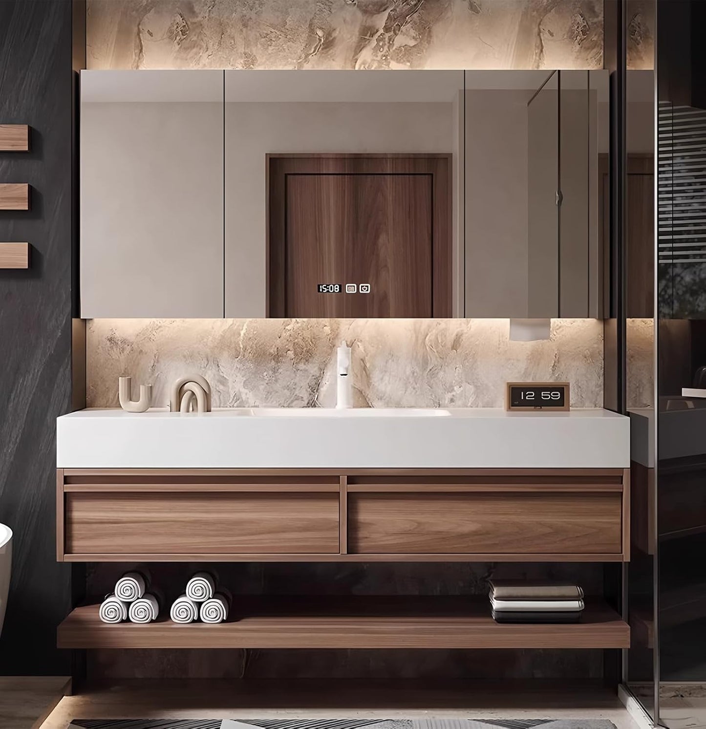 56" Bathroom Vanity, Floating Bathroom Vanity with Sink, Solid Wood Vanities with Smart Defogging Mirror Cabinet, Slate Countertop and Faucet, Wall Mount Bath Furniture Cabinet with Drawers (Walnut)