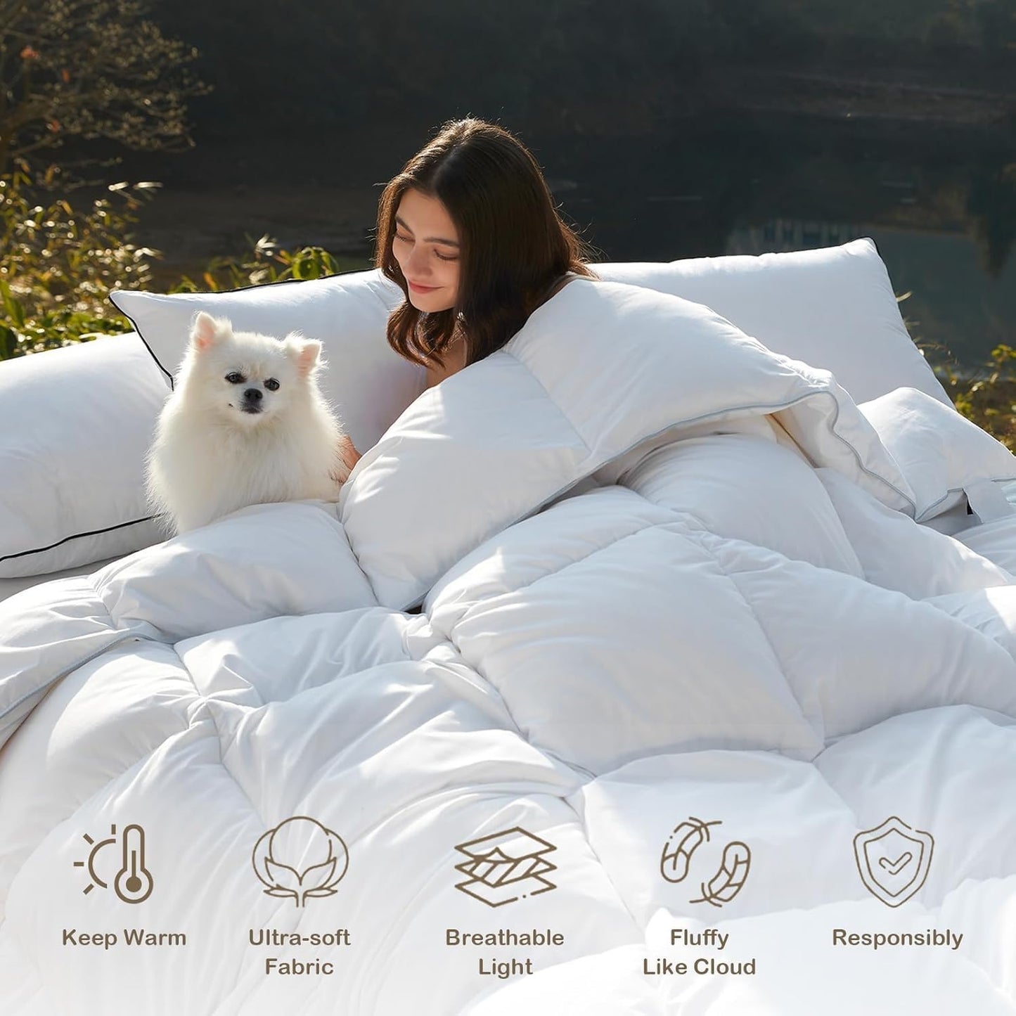 DWR Luxury Twin Size Down Feather Fibers Comforter, Ultra-Soft Cotton Blend Fabric, Medium Weight for All Season Hotel Style Fluffy Duvet Insert with Ties (68x90 Inches, White)
