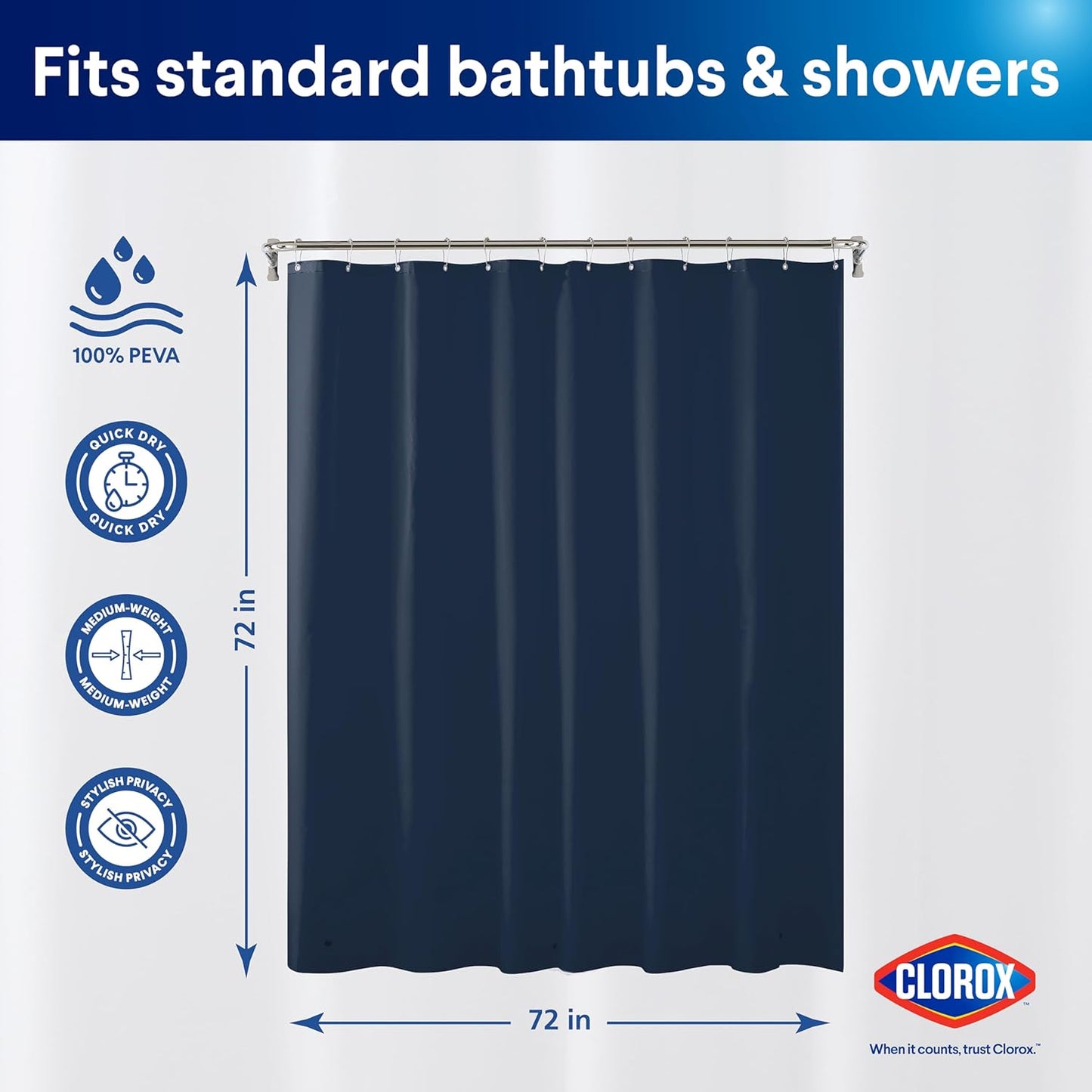 CLOROX Shower Curtain Liner, Premium Colored Medium-Weight Durable Waterproof 6g PEVA for Bathroom with Weighted Magnets, Standard Size 72" x 72", Blue