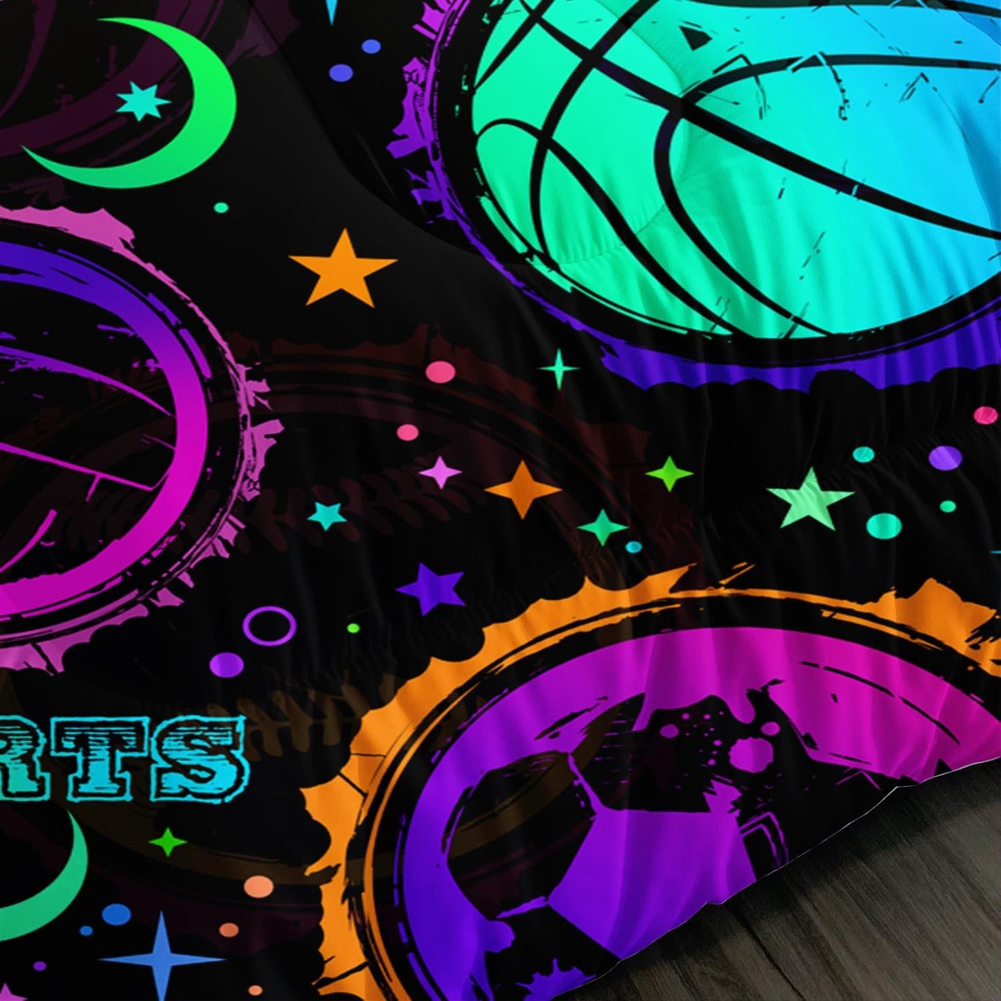 Ball Games Bedding Basketball Football Baseball Queen Comforter Set,Colorful Neon Stars and Moon Bedding Set for Kids Girls Boys Room Decor,Sports Aesthetic Bedding Sets with 2 Pillowcases.
