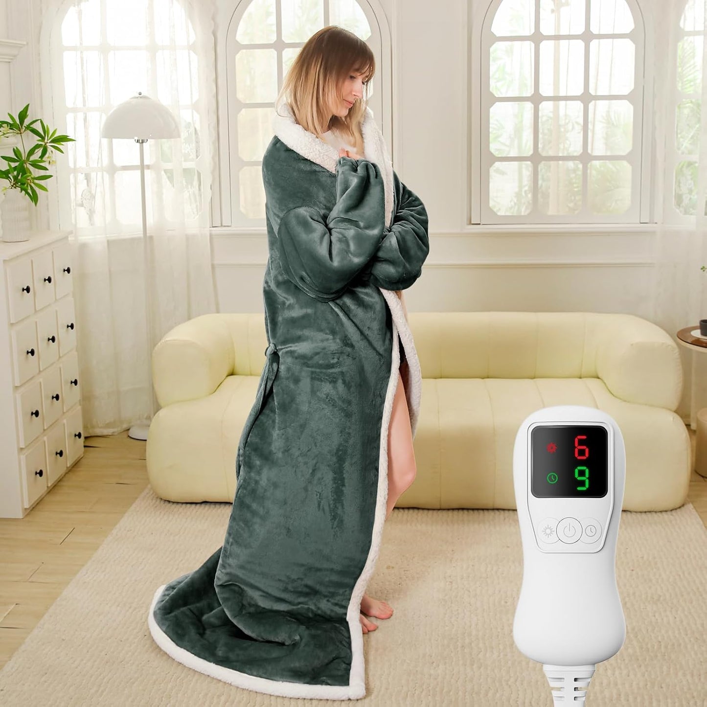 Electric Heated Blanket Throw Size with Foot Pockets & Sleeves, Wearable Washable Blanket Warmer for Home & Office, Cozy Soft Flannel 50" x 70", 9 Heat Levels, 1-9H Auto-Off, ETL Certified, Grey