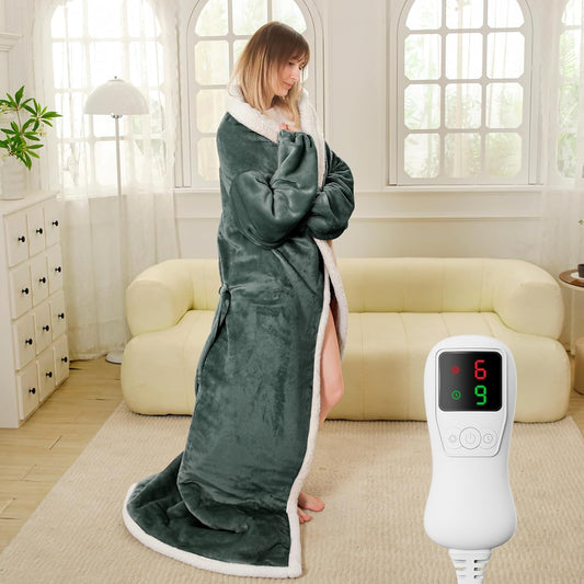 Electric Heated Blanket Throw Size with Foot Pockets & Sleeves, Wearable Washable Blanket Warmer for Home & Office, Cozy Soft Flannel 50" x 70", 9 Heat Levels, 1-9H Auto-Off, ETL Certified, Grey