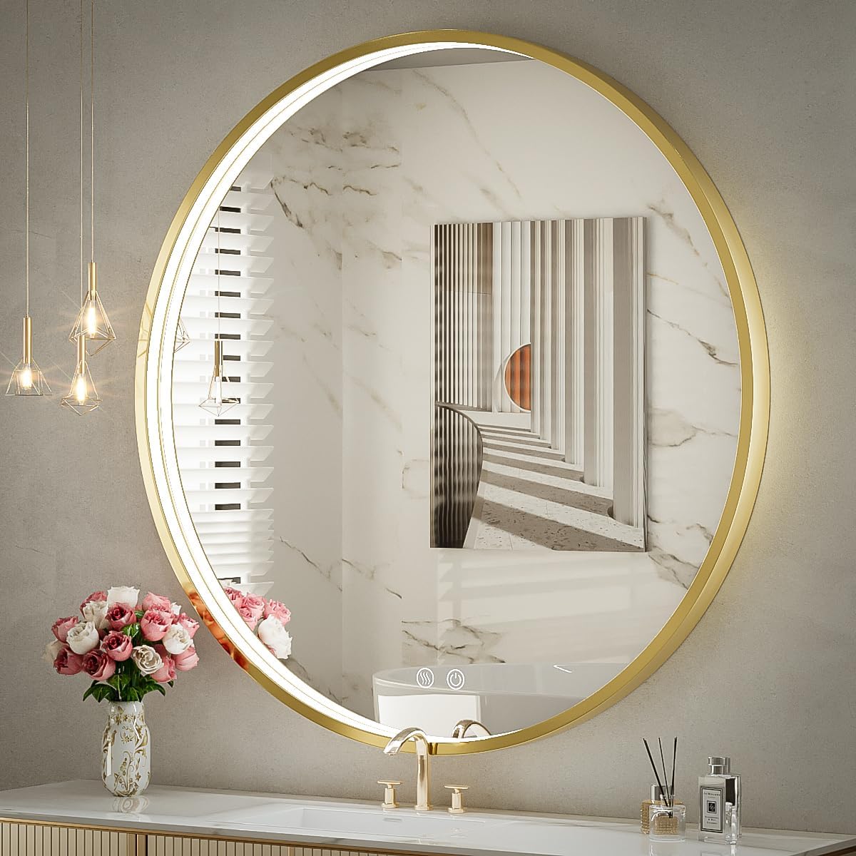 32" Round LED Bathroom Mirror, Dimmable Anti-Fog Vanity Mirror with Touch Control, 6000K Natural Light, Gold Metal Frame, Wall Mounted for Makeup Shaving (IP54, 90+ CRI)