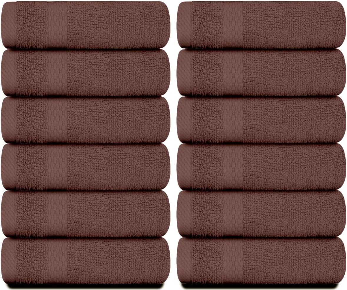 White Classic Luxury Cotton Washcloths 13x13 Inch - 650 GSM Turkish Cotton | Hotel, Spa, Bathroom Face Towel | 12 Pack, Brown