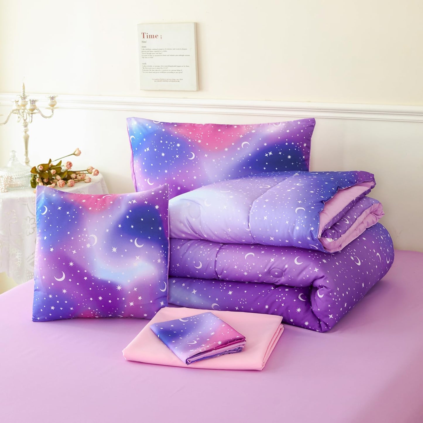 URBONUR 6Pcs Glitter Comforter Set for Girls Full Size Colorful Gradient Galaxy Bedding Set Kids Teen Comforter Sets Bed in A Bag Full (Purple Blue)