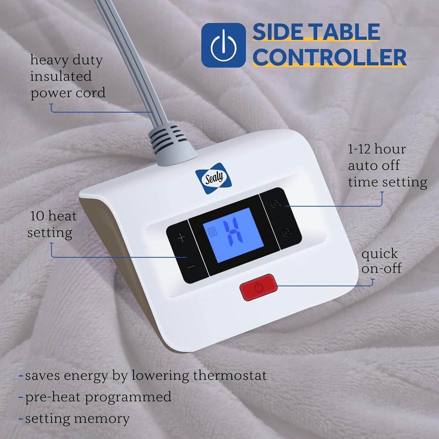 Sealy Heated Electric Blanket Full Size, Flannel Electric Blanket with 10 Heating Levels & 1-12 Hours Auto Shut Off, Fast Heating Warming Blanket, Machine Washable, Grey, 80 x 84 Inch