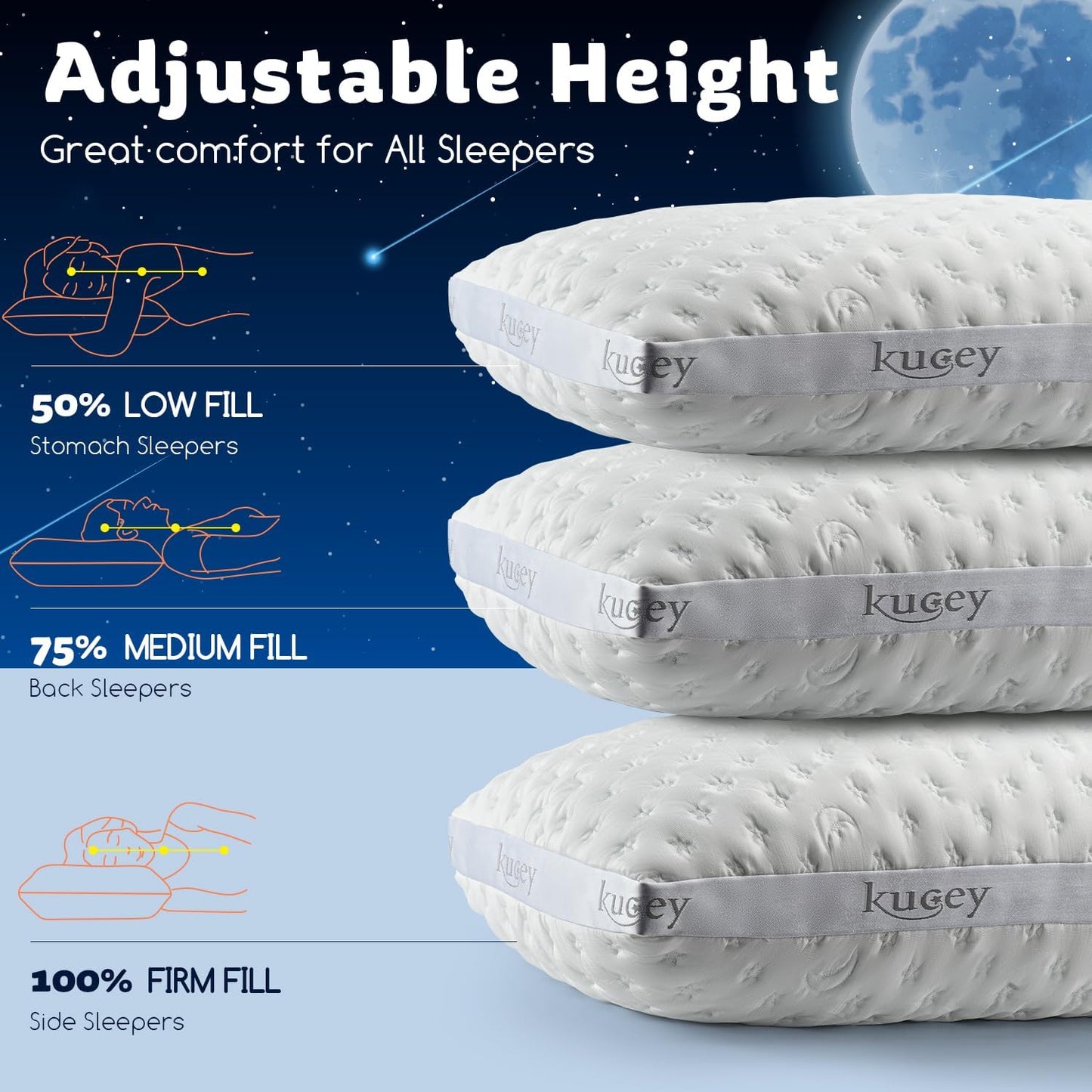 Luxury Cooling Side Sleeper Pillow for Neck and Shoulder Pain, Medium Firm Bed Pillows Queen Size Set of 1 Luxury Shredded Memory Foam for Sleeping Adjustable Washable Cover Crescent White