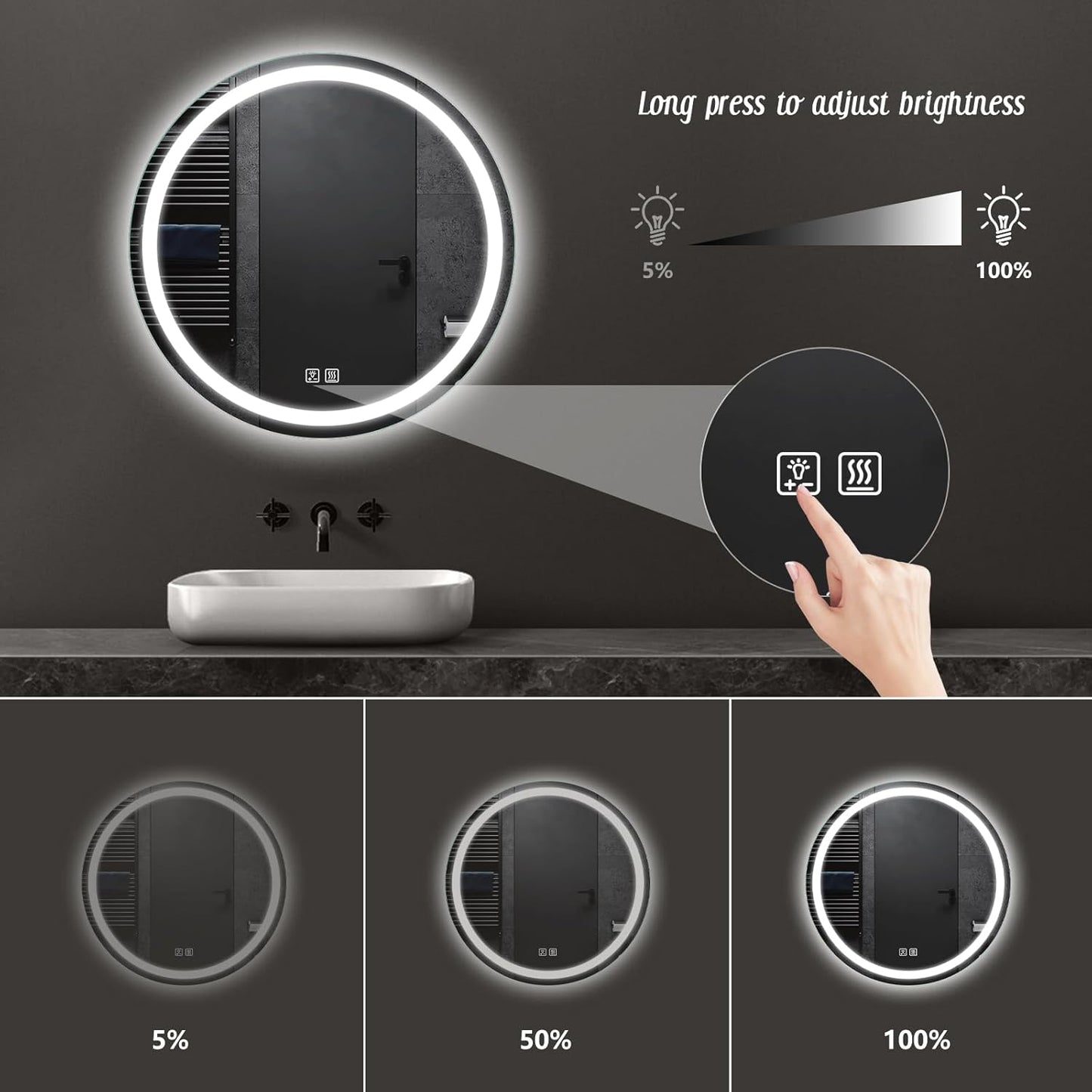 APRILSOUL 40 Inch Round LED Bathroom Mirror with Lights, Makeup Mirror with Front and Backlit, Anti-Fog, 3 Colors and Dimmable Light