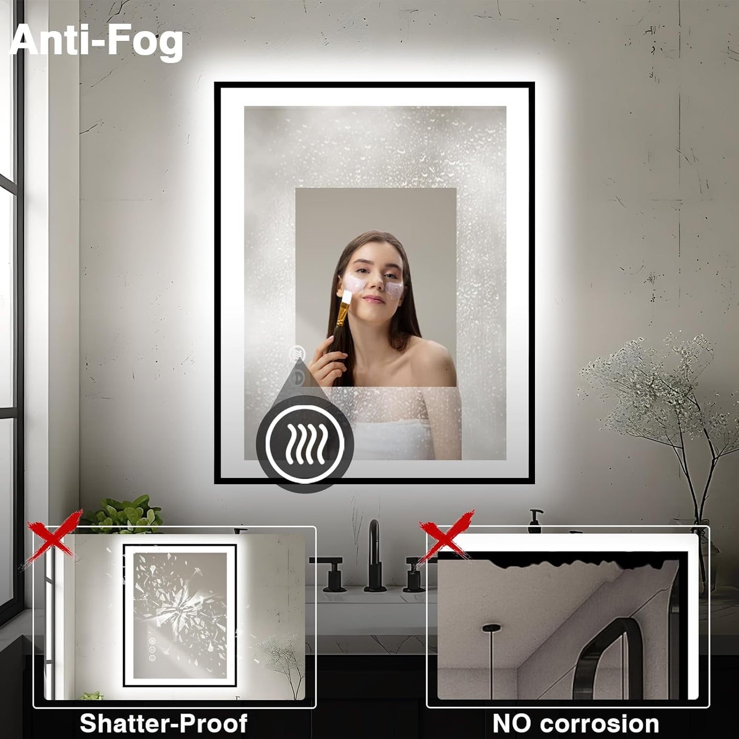 28x32 LED Bathroom Mirror - Black Aluminum Framed, Front & Backlit, Anti-Fog, Dimmable, Plugin/Hardwired