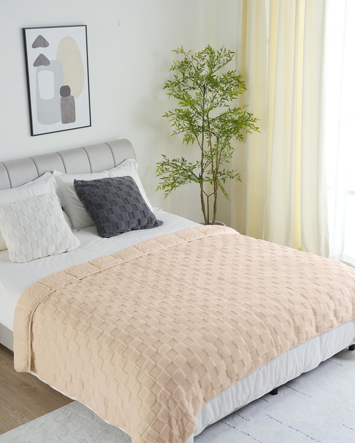 Uttermara Sherpa Fleece Weighted Blanket Queen Size, 3D Jacquard Checkered Warm Sherpa Heavy Blanket for Adults, Soft Fuzzy Weighted Blankets for Couch Bed Sofa, 60" x 80" 15lbs in Tan